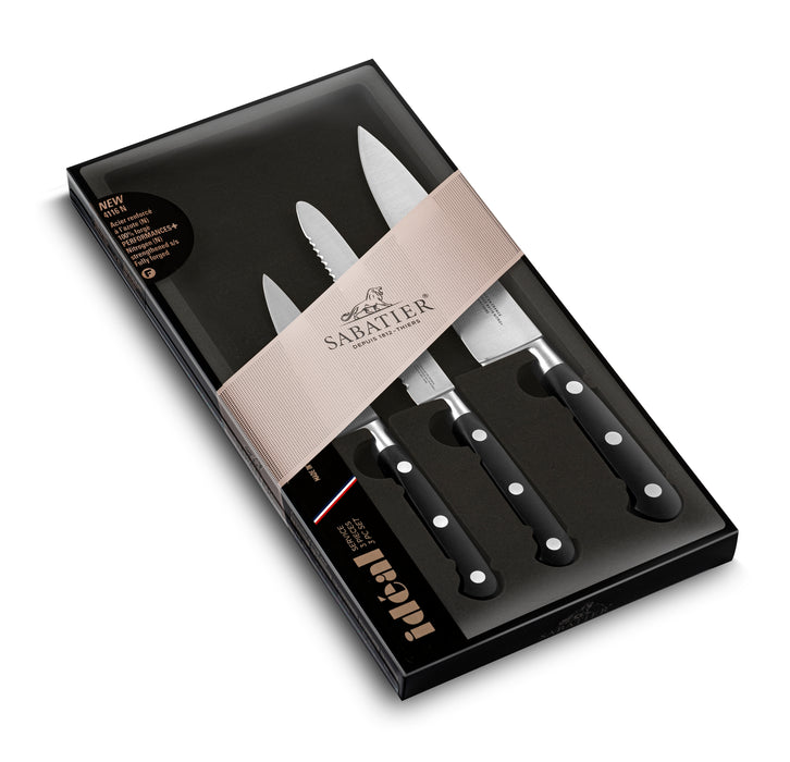 Lion Sabatier 3pc 10cm Paring, 12cm Serrated Utility, 15cm Chefs Knife Set - Ideal Steel