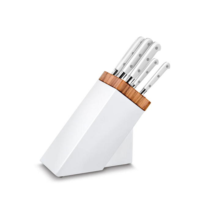 Lion Sabatier Arles White & Olive Wood Knife Block - Includes 5 Ideal Toque White Knives