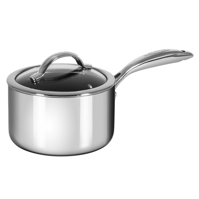 A 16cm silver SCANPAN Haptiq saucepan with a lid, featuring a Stratanium+ non-stick coating.