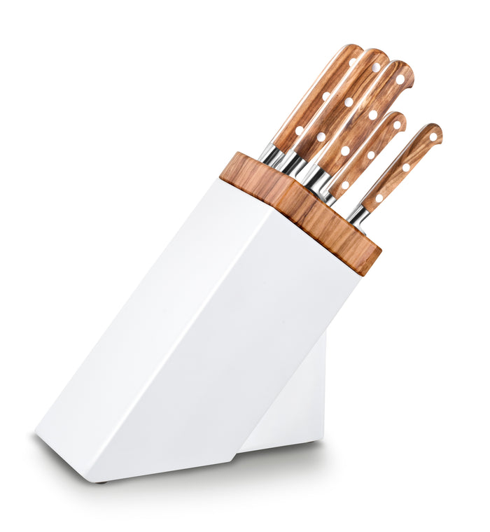 Lion Sabatier Arles White & Olivewood Knife Block + 5 Ideal Provençao Knives