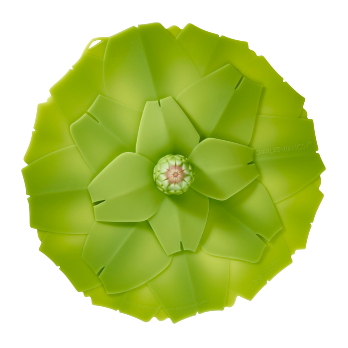 A bright lime green silicone lid lifter designed for microwave-safe plastic containers, shown from a top-down view on a solid white background.