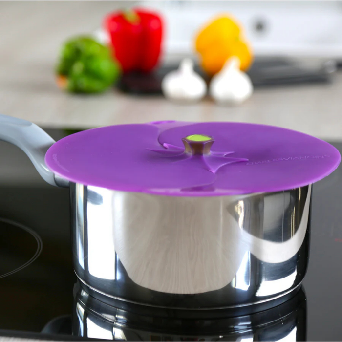 Charles Viancin Aubergine Lid 20cm on a pot on a stove with vegetables in the background