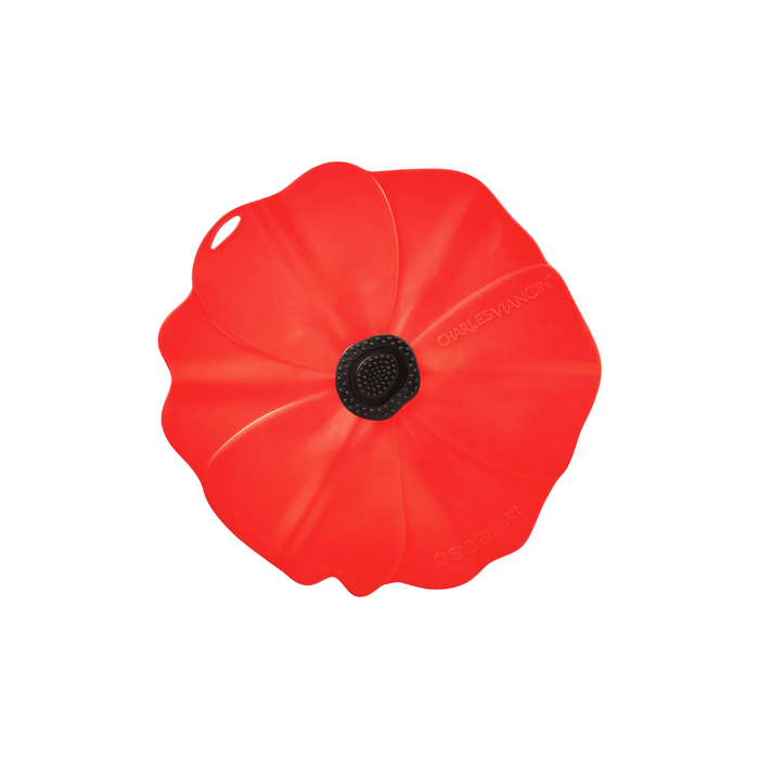 A red silicone poppy-shaped container with a black textured center, shown from a top-down view on a solid white background.