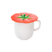 A white ceramic mug with a handle, topped with a bright red tomato-shaped Silicone lid featuring a green stem detail, shown on a plain white background.