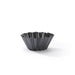 A dark gray fluted tart or muffin tin with a scalloped rim, shown on a clean white background with a soft shadow.