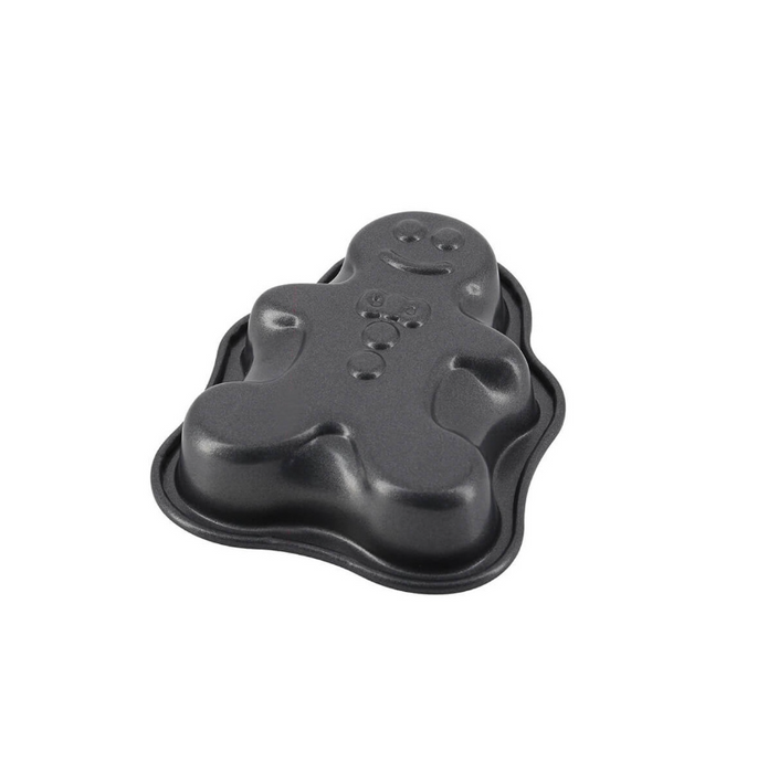A black mould shaped like a gingerbread man, shown on a plain white background.