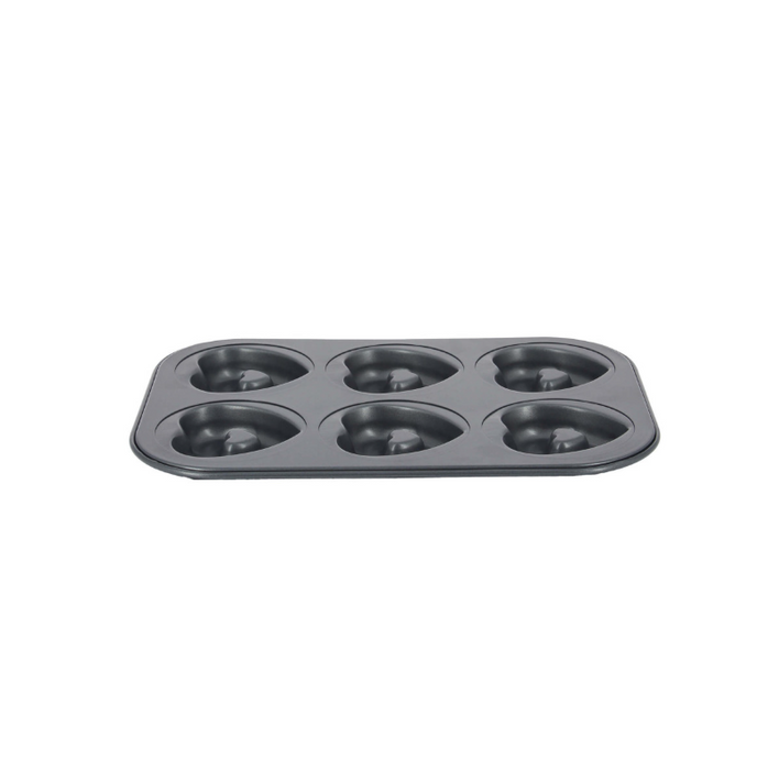 De Buyer six-cup non-stick steel cake tray with six heart-shaped moulds on a white background