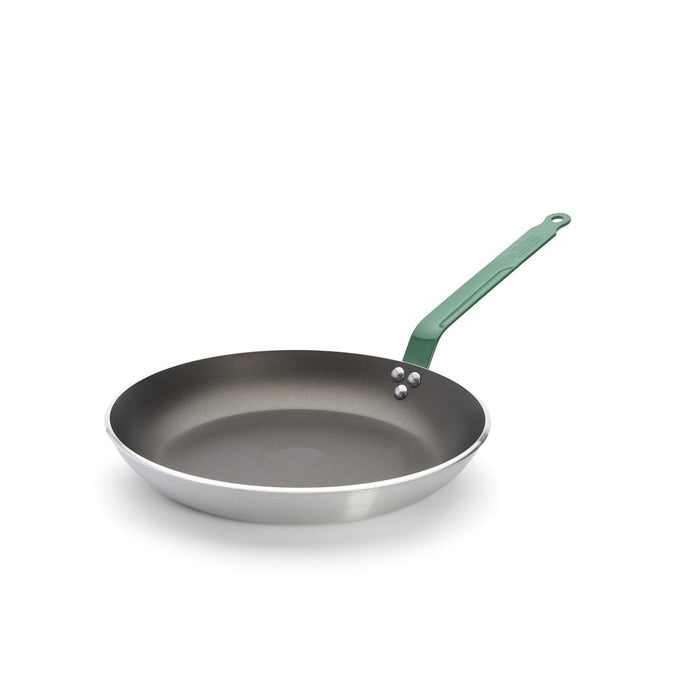 A De Buyer non-stick frying pan with a dark gray interior, a silver exterior, and a red handle, shown on a plain white background.