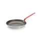 A De Buyer non-stick frying pan with a dark gray interior, a silver exterior, and a red handle, shown on a plain white background.