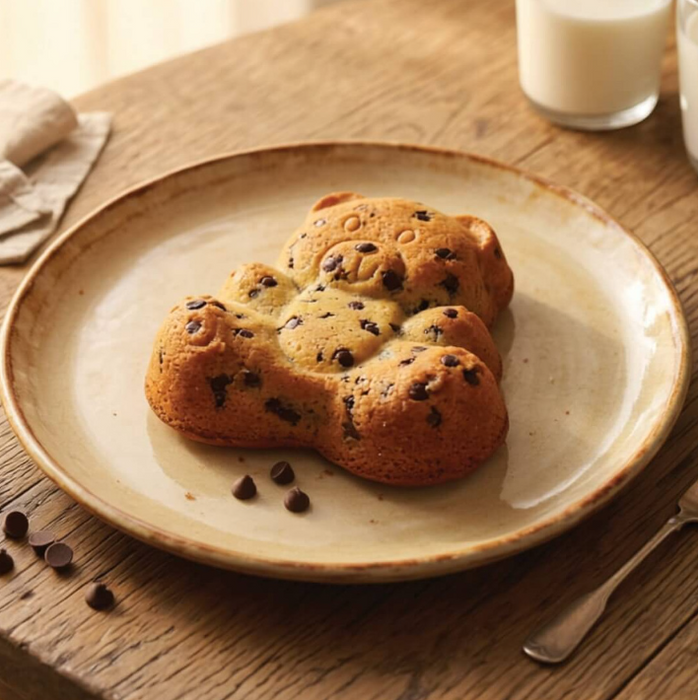 A chocolate chip cake in the shape of a cartoon bear on an artisan plate, on a table with a glass of milk.