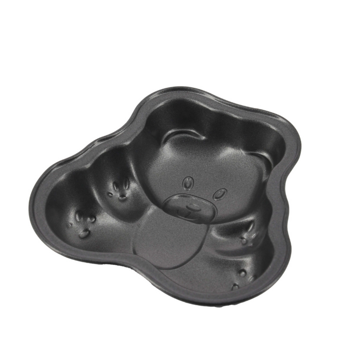 A dark gray non-stick mould shaped like a cartoon bear, shown from an elevated angle on a plain white background.
