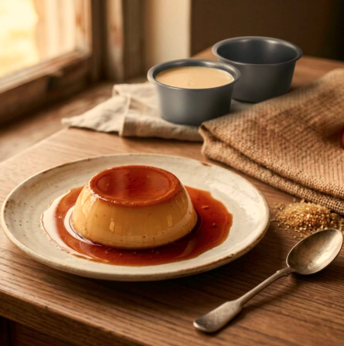 A caramel custard dessert, sits on a beige ceramic plate on a rustic wooden table. The dessert has a glossy caramel topping and caramel sauce pooled around the base.