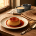 A caramel custard dessert, sits on a beige ceramic plate on a rustic wooden table. The dessert has a glossy caramel topping and caramel sauce pooled around the base.