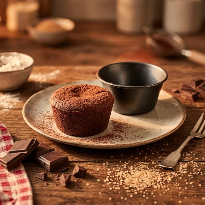 A chocolate lava cake on a ceramic plate with a small empty De Buyer Muffin Mould, set on a rustic wooden table with chocolate pieces, flour, and baking ingredients.
