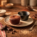A chocolate lava cake on a ceramic plate with a small empty De Buyer Muffin Mould, set on a rustic wooden table with chocolate pieces, flour, and baking ingredients.
