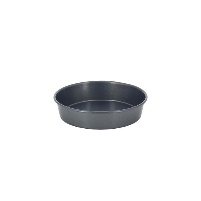 A round dark gray non-stick cake pan with a smooth, matte finish, shown from a direct overhead angle on a solid white background.
