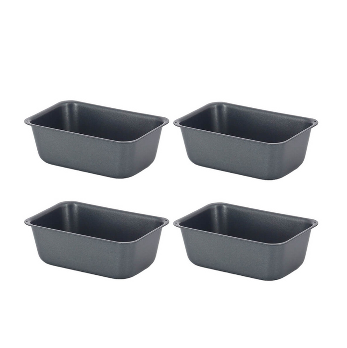 Complete set of four rectangular mini loaf moulds against a plain white background. 