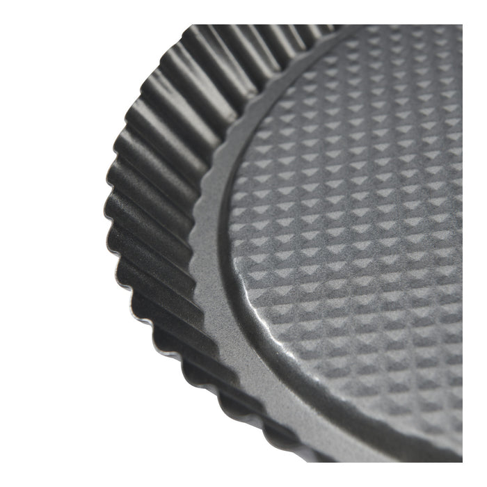 Close-up of a dark gray fluted round tart or cake pan with a textured non-stick surface, shown on a white background