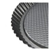 Close-up of a dark gray fluted round tart or cake pan with a textured non-stick surface, shown on a white background