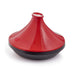 A red and black ceramic tagine pot with a glossy red conical lid and a dark base, shown on a clean white background.