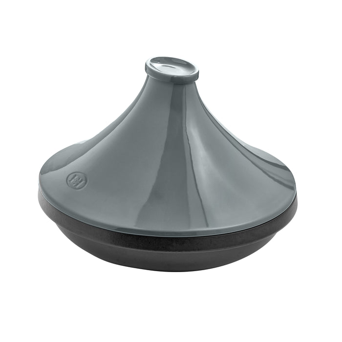 A gray and black conical tagine lid with a glossy finish, featuring a small embossed logo on the side, shown on a plain white background.
