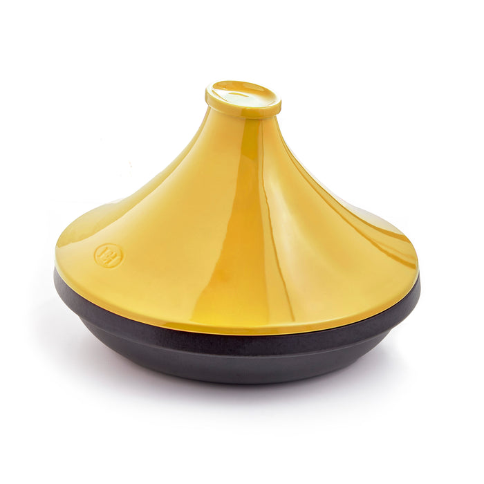A yellow and black ceramic Moroccan tagine pot lid with a glossy finish, shown on a clean white background.