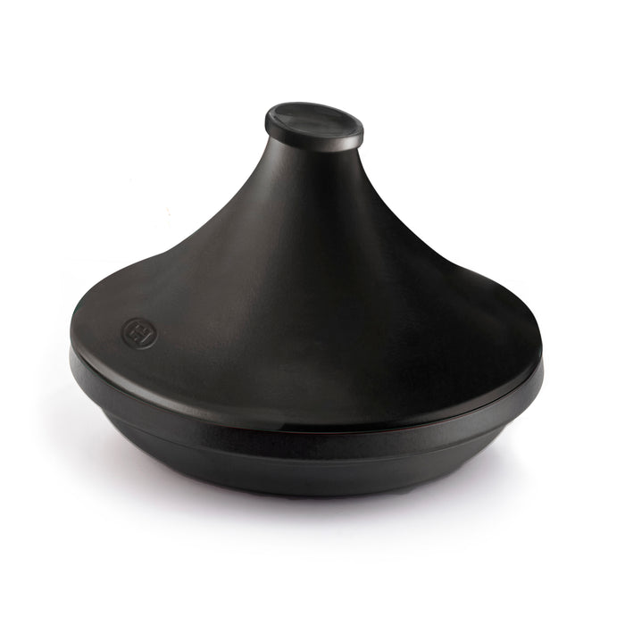 A matte black ceramic Moroccan tajina pot with a matching conical lid, shown on a clean white background.