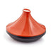 A glossy orange and black ceramic Moroccan tagine pot with a conical lid, shown on a clean white background.