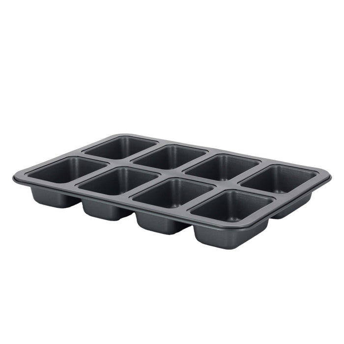 A eight-compartment rectangular baking pan with a dark gray non-stick coating, shown at an angle on a plain white background.