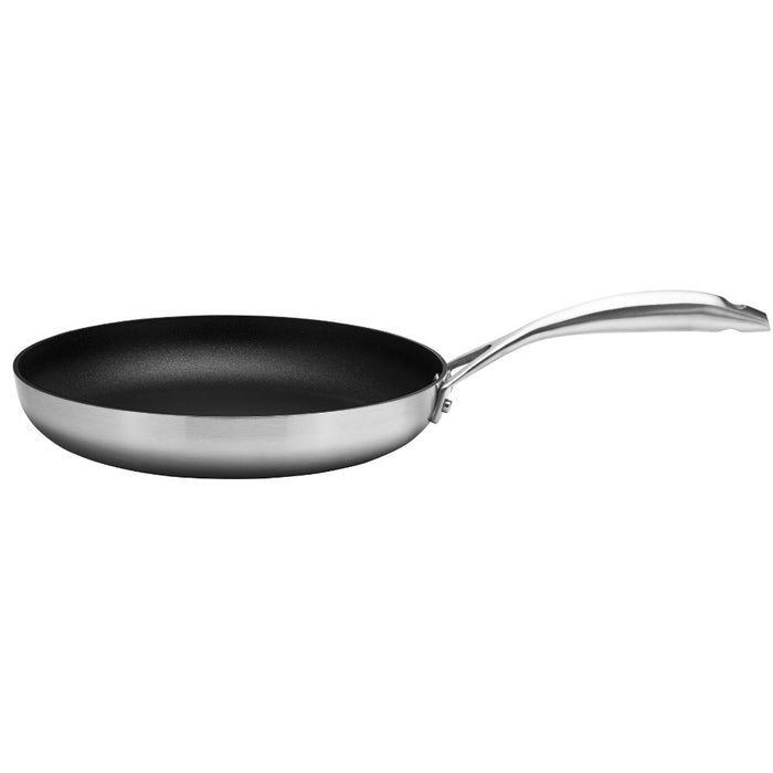 A 28cm SCANPAN CS+ frying pan with a brushed stainless steel exterior and a black nonstick interior surface.