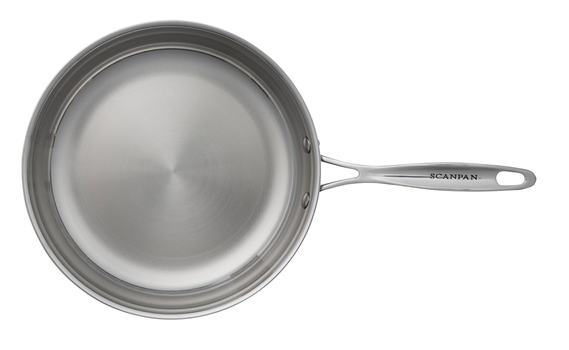 A stainless steel saucepan with a long handle, shown from a top-down perspective on a solid white background. The brand name 'SCANPAN' is clearly visible on the handle.
