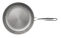 A stainless steel saucepan with a long handle, shown from a top-down perspective on a solid white background. The brand name 'SCANPAN' is clearly visible on the handle.