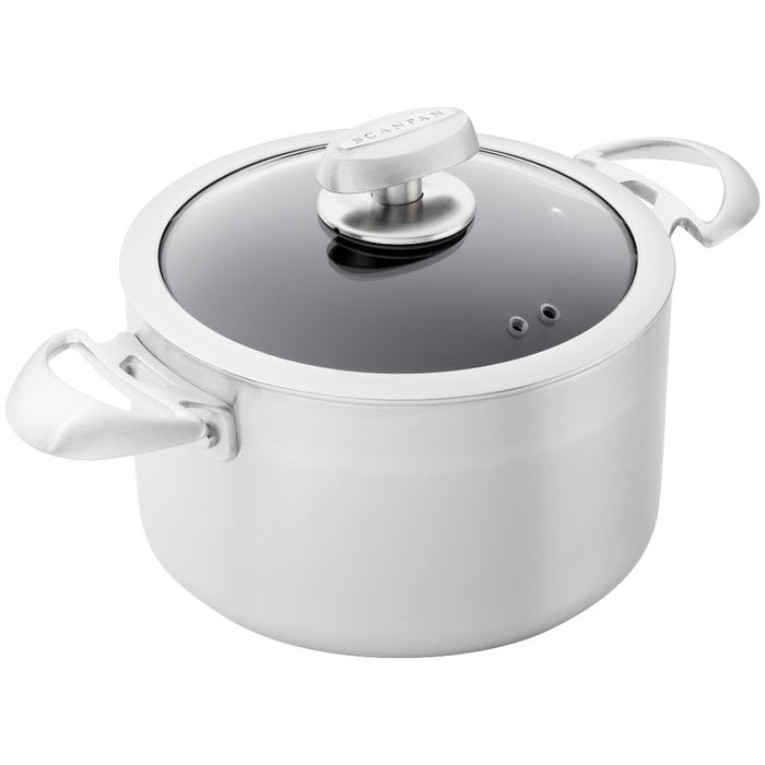 A 20cm SCANPAN CS+ Dutch oven with a lid, featuring a brushed stainless steel finish and ergonomic handles.