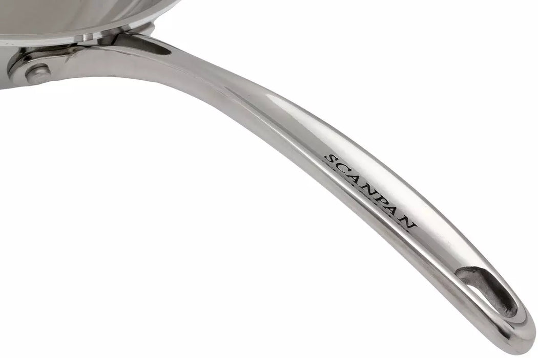 Close-up of a polished stainless steel pan handle with the brand name SCANPAN engraved on it, set against a plain white background.