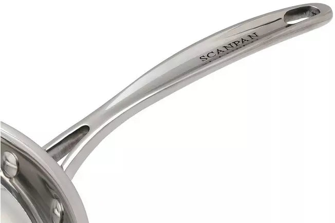 Close-up of a stainless steel saucepan handle with the SCANPAN brand name engraved on a clean white background.