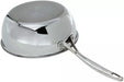 A polished stainless steel saucepan with a long handle, shown from a high-angle perspective against a plain white background.