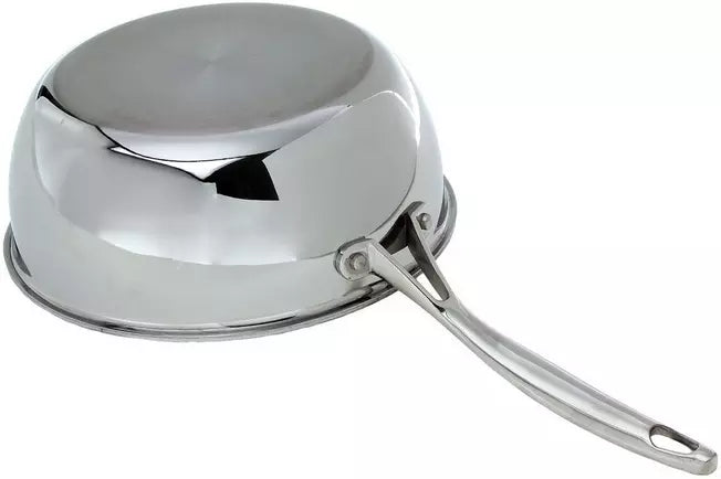 A polished stainless steel saucepan with a long handle, shown from a high-angle perspective against a plain white background.