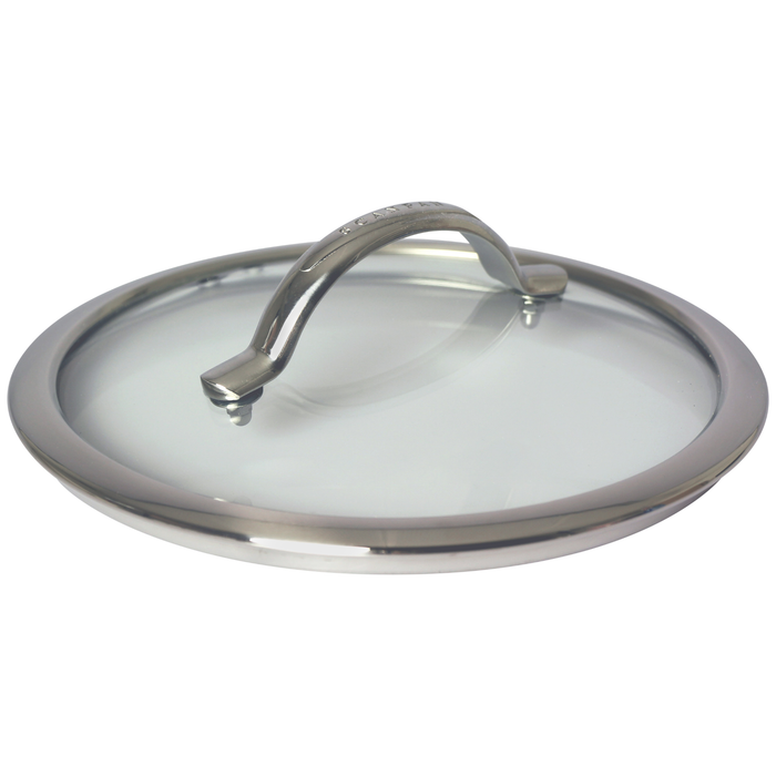 A Scanpan Haptiq round glass cookware lid with a brushed stainless steel rim and a matching metal handle, shown on a plain white background.