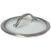 A Scanpan Haptiq round glass cookware lid with a brushed stainless steel rim and a matching metal handle, shown on a plain white background.