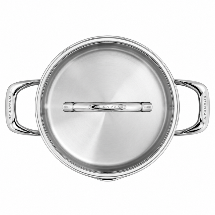 Top-down view of a stainless steel saucepan with a lid, featuring two side handles and a central handle, on a white background. The brand name 'SCANPAN' is visible on the handles and center handle.