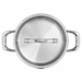 Top-down view of a stainless steel saucepan with a lid, featuring two side handles and a central handle, on a white background. The brand name 'SCANPAN' is visible on the handles and center handle.