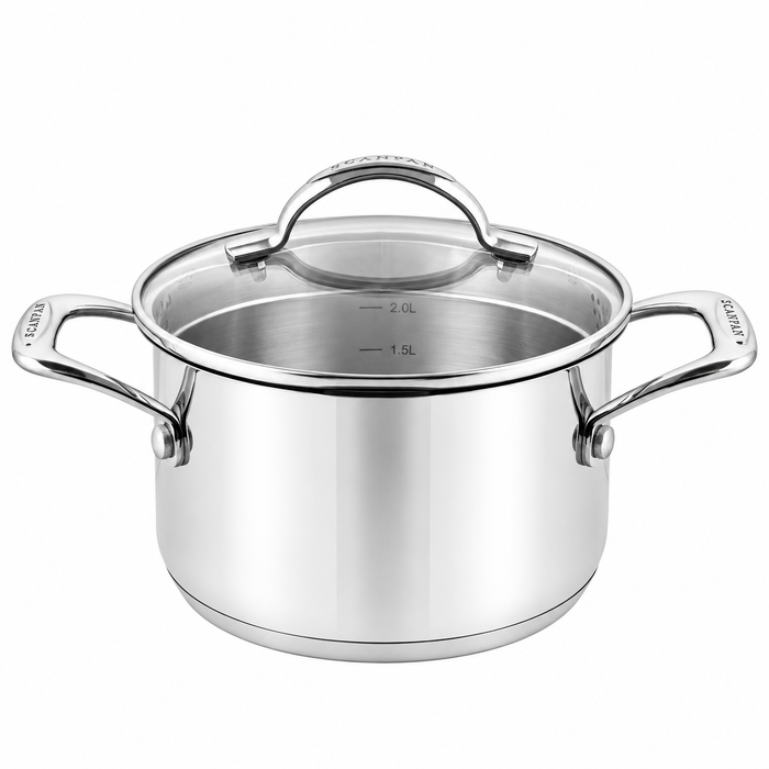 A stainless steel saucepan with a glass lid and two side handles, shown on a plain white background. The brand name 'SCANPAN' is visible on the handles and the inside of the pot.