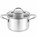 A stainless steel saucepan with a glass lid and two side handles, shown on a plain white background. The brand name 'SCANPAN' is visible on the handles and the inside of the pot.