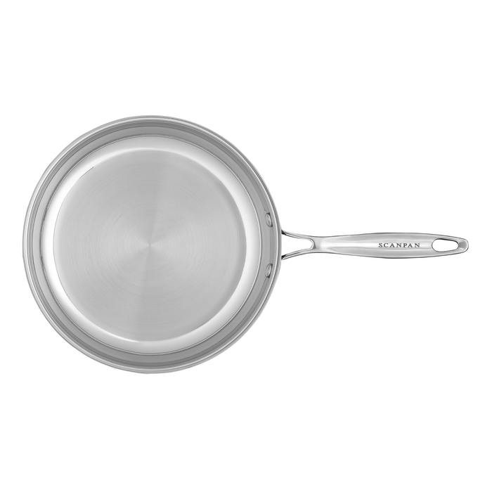 A stainless steel frying Pan with a long handle, shown from a top-down perspective on a solid white background. The brand name 'SCANPAN' is clearly visible on the handle.