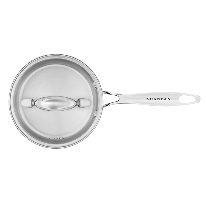 A stainless steel saucepan with a glass lid and a long silver handle, shown from a top-down view on a plain white background. The brand name 'SCANPAN' is clearly printed on the handle.