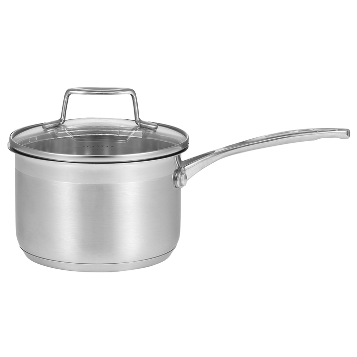 A stainless steel saucepan with a clear glass lid and a long metal handle, shown on a plain white background.