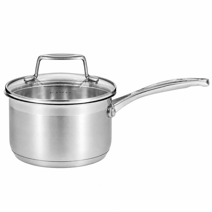 A stainless steel saucepan with a clear glass lid and a long curved handle, shown on a plain white background.