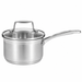 A stainless steel saucepan with a clear glass lid and a long curved handle, shown on a plain white background.