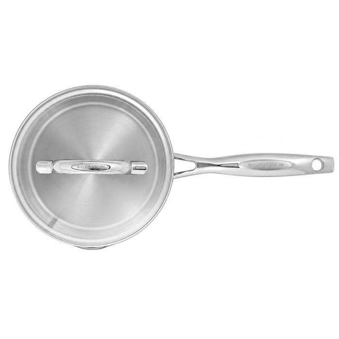 A stainless steel saucepan with a matching lid, featuring a long handle with a hanging loop, shown from a top-down perspective on a white background.