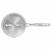 A stainless steel saucepan with a matching lid, featuring a long handle with a hanging loop, shown from a top-down perspective on a white background.